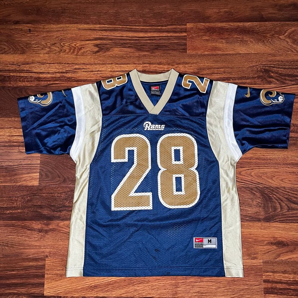 Nike Marshall Faulk Youth Jersey 28 St Louis Rams Blue Boys Size Medium